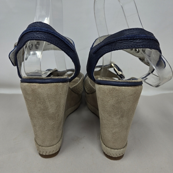 Blackstone Womens Wedge Platform Sandel Sz 38=8 Blue & Tan Leather Suede Adj. - Picture 4 of 11